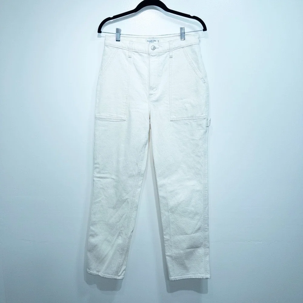 New Abercrombie & Fitch White 90's Straight Ultra High Rise Carpenter Jeans 8‎